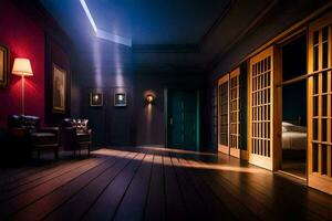 a dark room with wooden floors and a light shining through the door. AI-Generated photo