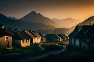 photo wallpaper the sky, mountains, road, houses, village, norway, norway,. AI-Generated