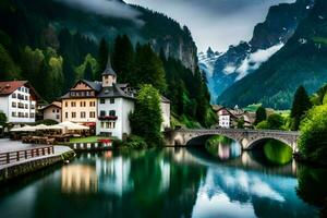 photo wallpaper mountains, bridge, house, river, lake, house, house, house, house. AI-Generated