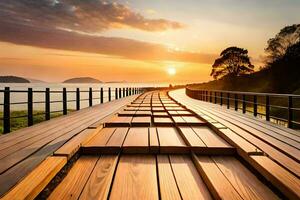 a wooden bridge over the water at sunset. AI-Generated photo