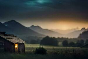 un pequeño cabina en el medio de un campo con montañas en el antecedentes. generado por ai foto