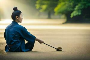un mujer en un kimono sentado en el suelo con un cuchara. generado por ai foto