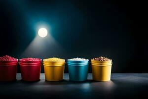 a row of colorful buckets with different types of food. AI-Generated photo
