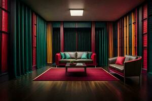 un vivo habitación con rojo, verde y azul cortinas generado por ai foto