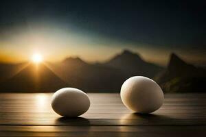 two eggs on a table with mountains in the background. AI-Generated photo
