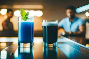 two glasses of blue liquid sitting on a bar. AI-Generated photo