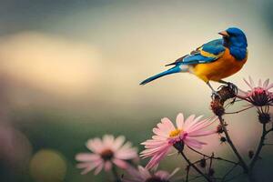 a blue and orange bird is perched on a flower. AI-Generated photo