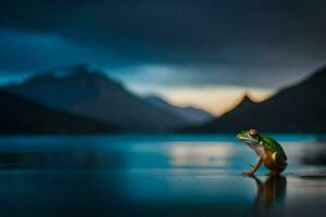 a frog sitting on the edge of a lake in front of mountains. AI-Generated photo