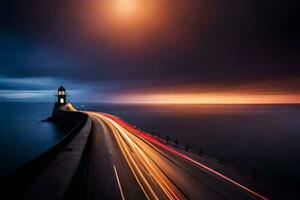 a long exposure photograph of a lighthouse and a car driving along the road. AI-Generated photo