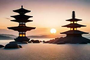 dos pagodas en el agua a puesta de sol. generado por ai foto