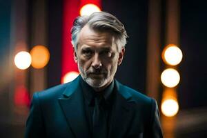 a man in a suit and tie standing in front of lights. AI-Generated photo