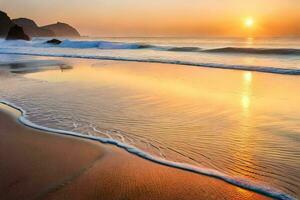 the sun rises over the ocean and waves on a beach. AI-Generated photo
