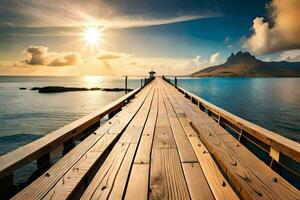 a wooden pier stretches out into the ocean. AI-Generated photo