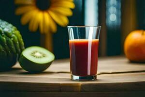 a glass of juice with a kiwi and an orange. AI-Generated photo