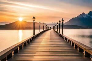 a pier with a bridge leading to the mountains. AI-Generated photo