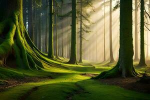 un bosque con arboles y luz de sol brillante a través de. generado por ai foto