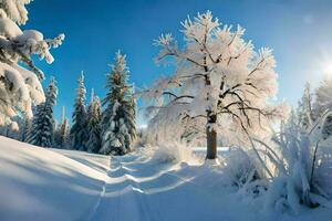 un Nevado bosque con arboles y nieve. generado por ai foto