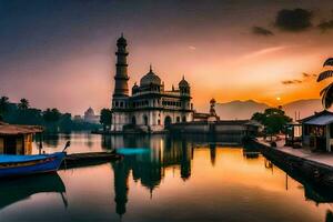 un hermosa puesta de sol terminado un lago con un mezquita en el antecedentes. generado por ai foto