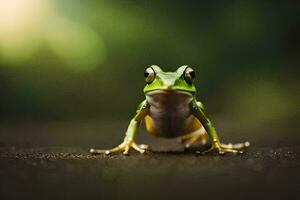 a frog is standing on the ground with a blurry background. AI-Generated photo