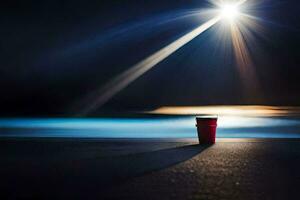un rojo taza sentado en el playa a noche. generado por ai foto