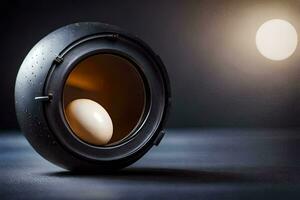 an egg in a speaker on a table. AI-Generated photo