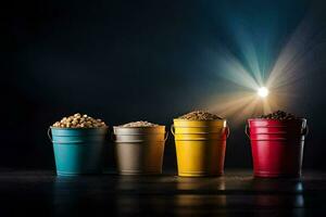 four buckets of different colored beans on a dark background. AI-Generated photo