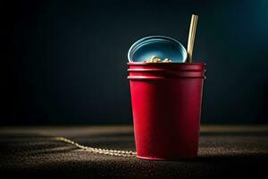 a red cup with a straw and a spoon. AI-Generated photo