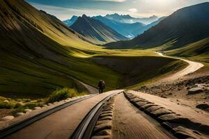 un hombre caminando a lo largo un la carretera en el montañas. generado por ai foto