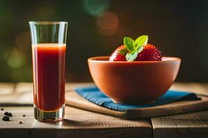 a glass of juice and a bowl of strawberries. AI-Generated photo