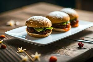 three mini burgers on a white plate. AI-Generated photo