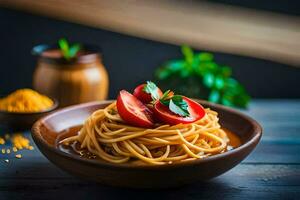 spaghetti with tomato and basil on a wooden table. AI-Generated photo