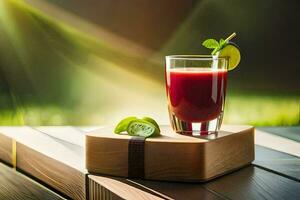 a glass of juice on a wooden table. AI-Generated photo