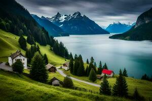 a lake and mountain range in the background. AI-Generated photo