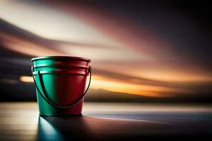 a red and green bucket sitting on a table. AI-Generated photo