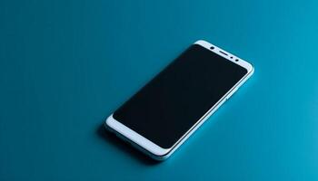 moderno inteligente teléfono en azul antecedentes con toque pantalla tecnología generado por ai foto