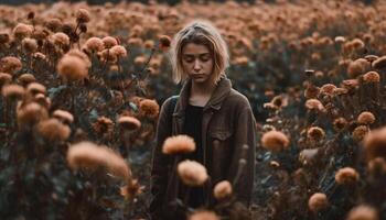 Young woman holding flower, enjoying beauty in nature tranquil scene generated by AI photo