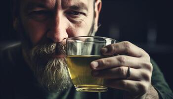 Young adult businessman holding whiskey glass, looking at camera smiling generated by AI photo