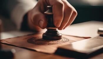 Successful businessman strategizes with creativity, holding paper on wooden table generated by AI photo