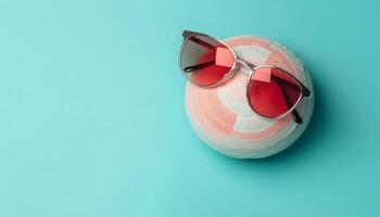 Bright plastic sunglasses reflect multi colored ball in tropical sunlight generated by AI photo