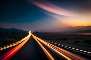 a long exposure photograph of a road at sunset. AI-Generated photo