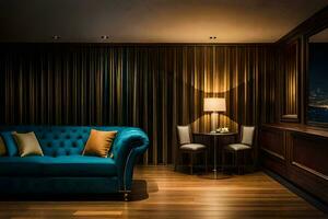 un azul sofá se sienta en un habitación con un ver de el ciudad. generado por ai foto