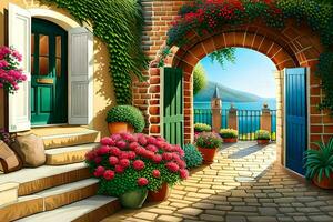 an artistic painting of a garden with flowers and a door. AI-Generated photo