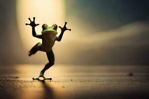 un rana saltando en el aire con sus brazos extendido. generado por ai foto