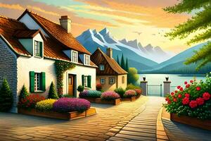 a painting of a house and flowers in front of a lake. AI-Generated photo
