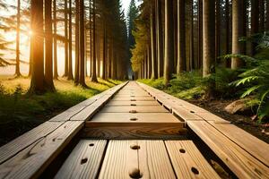 un de madera camino en el medio de un bosque. generado por ai foto