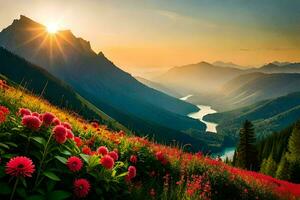 the sun rises over the mountains and flowers in the foreground. AI-Generated photo