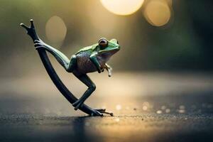 a frog is sitting on a branch with its legs spread. AI-Generated photo