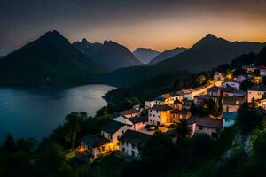 a village sits on the edge of a mountain overlooking a lake. AI-Generated photo