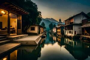 a river in china with houses on either side. AI-Generated photo