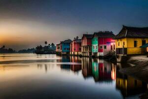 colorful houses on the shore of a lake at sunset. AI-Generated photo